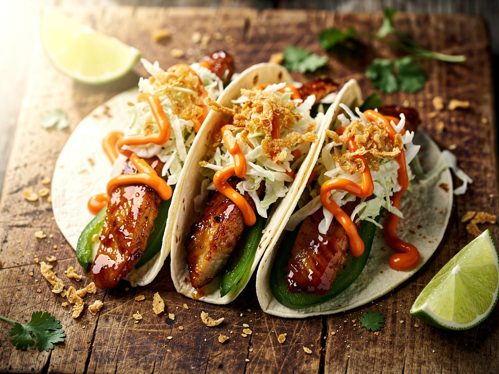 Sweet Soy Glazed Chicken Tacos with Sriracha Mayo and Crispy Onions