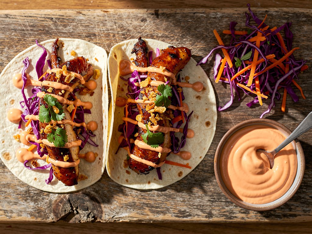 Sweet Soy Glazed Chicken Tacos with Tangy Cabbage Slaw and Sriracha Mayo