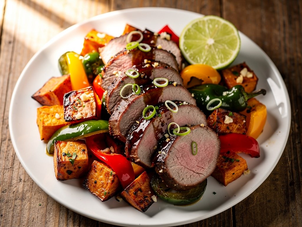 Sweet Soy Glazed Pork Tenderloin with Roasted Sweet Potato and Peppers
