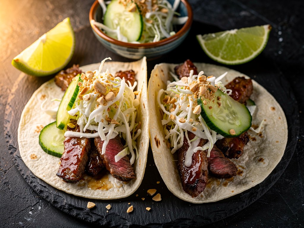 Sweet Soy Glazed Steak Tacos with Spicy Slaw and Pickled Cucumber