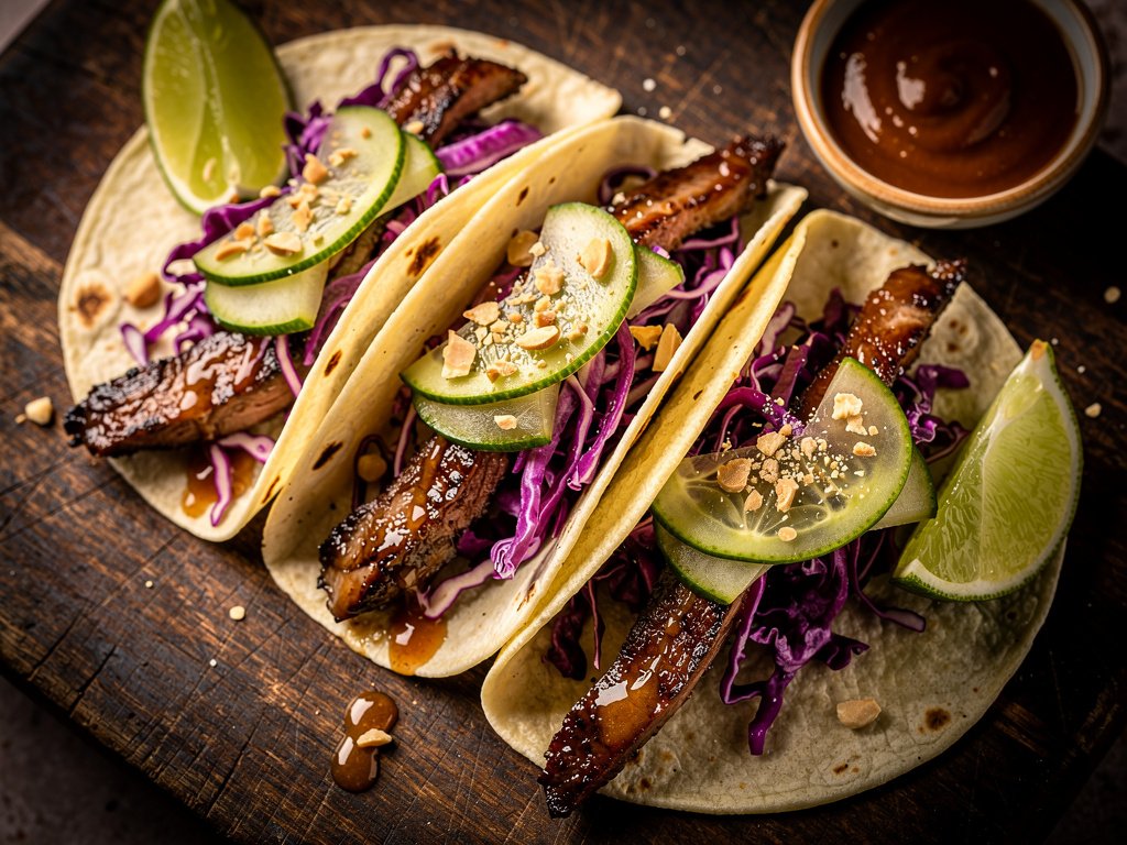 Sweet Soy Glazed Steak Tacos with Spicy Slaw and Pickled Cucumber