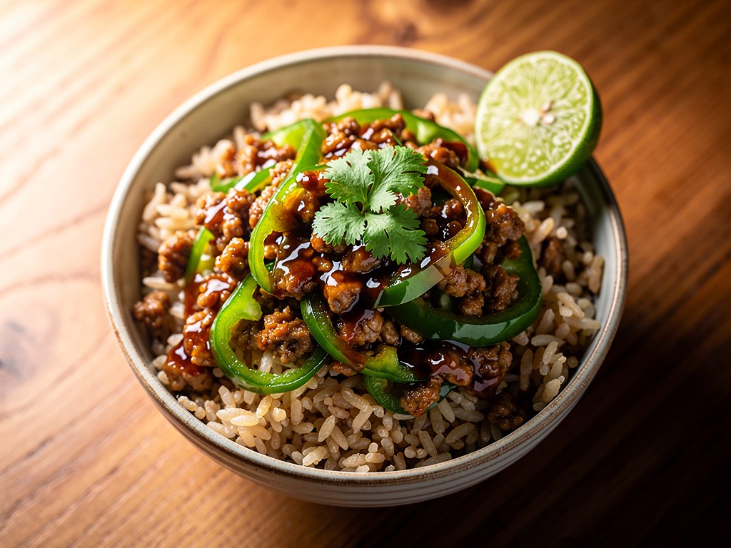 Quick Sweet Soy Pork and Pepper Rice Bowls with Cilantro Lime