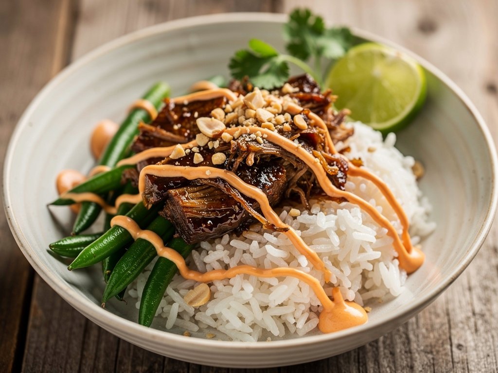 Sweet Soy Pulled Pork Bowl with Jasmine Rice and Sriracha Aioli