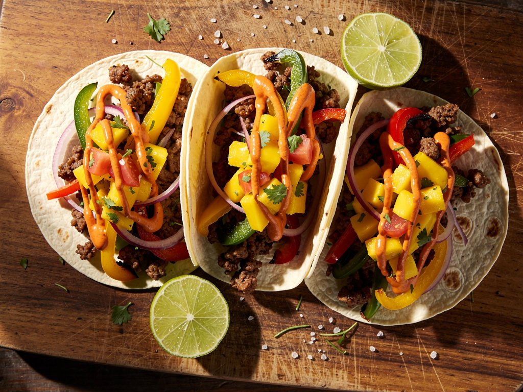 Sweet and Spicy Beef Tacos with Mango Salsa and Smoky Crema