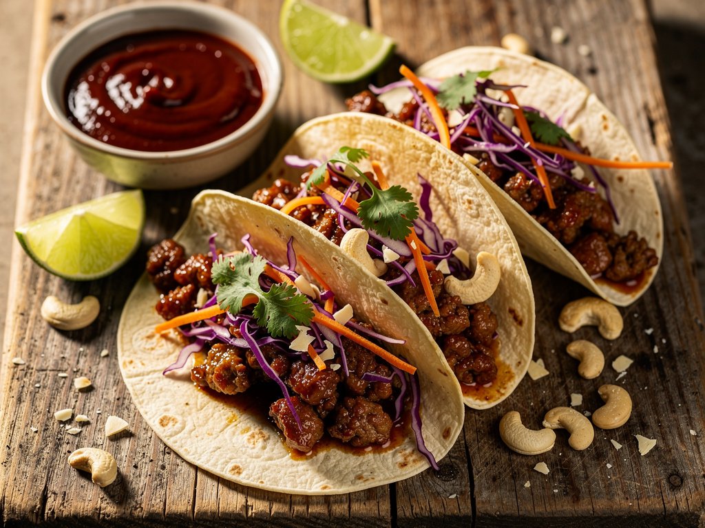 Sweet and Spicy Cashew Pork Tacos with Gochujang Sauce