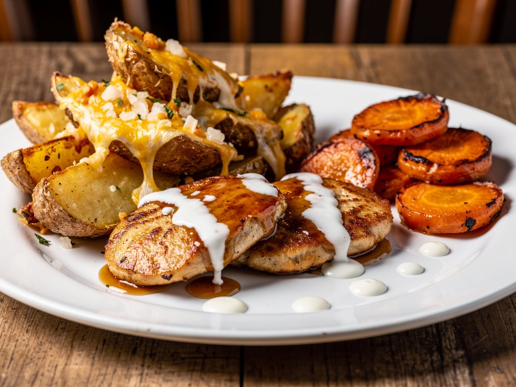 Sweet and Spicy Chicken with Cheesy Garlic Potato Wedges and Roasted Carrots