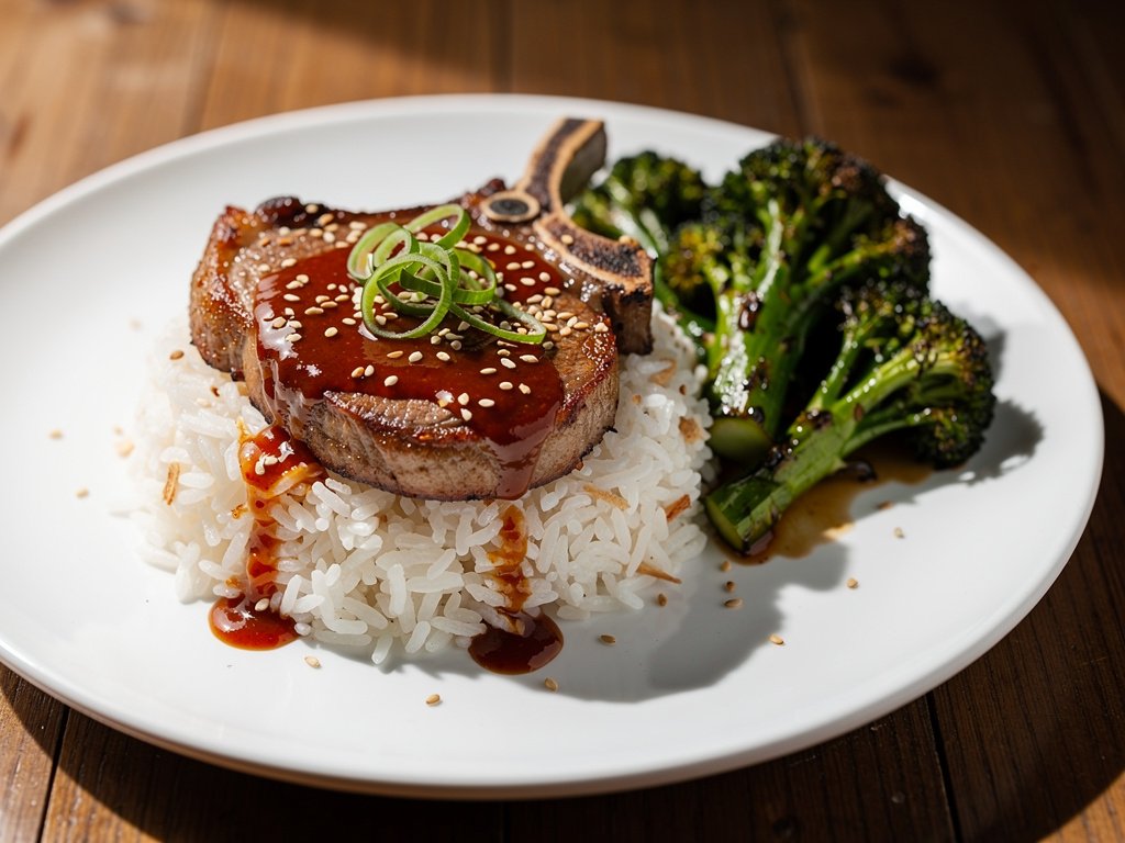 Sweet and Spicy Glazed Pork Chops with Ginger Rice and Roasted Broccoli