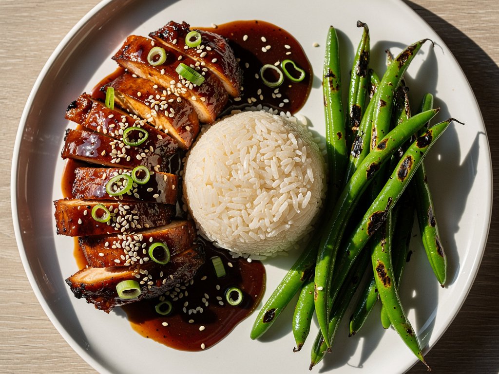 Sweet and Spicy Hoisin Honey Chicken with Green Beans and Rice