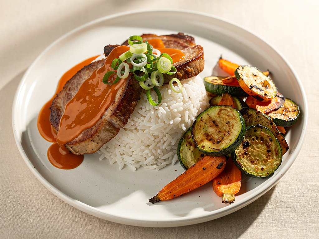 Sweet and Spicy Mandarin Pork Chops with Roasted Vegetables and Rice