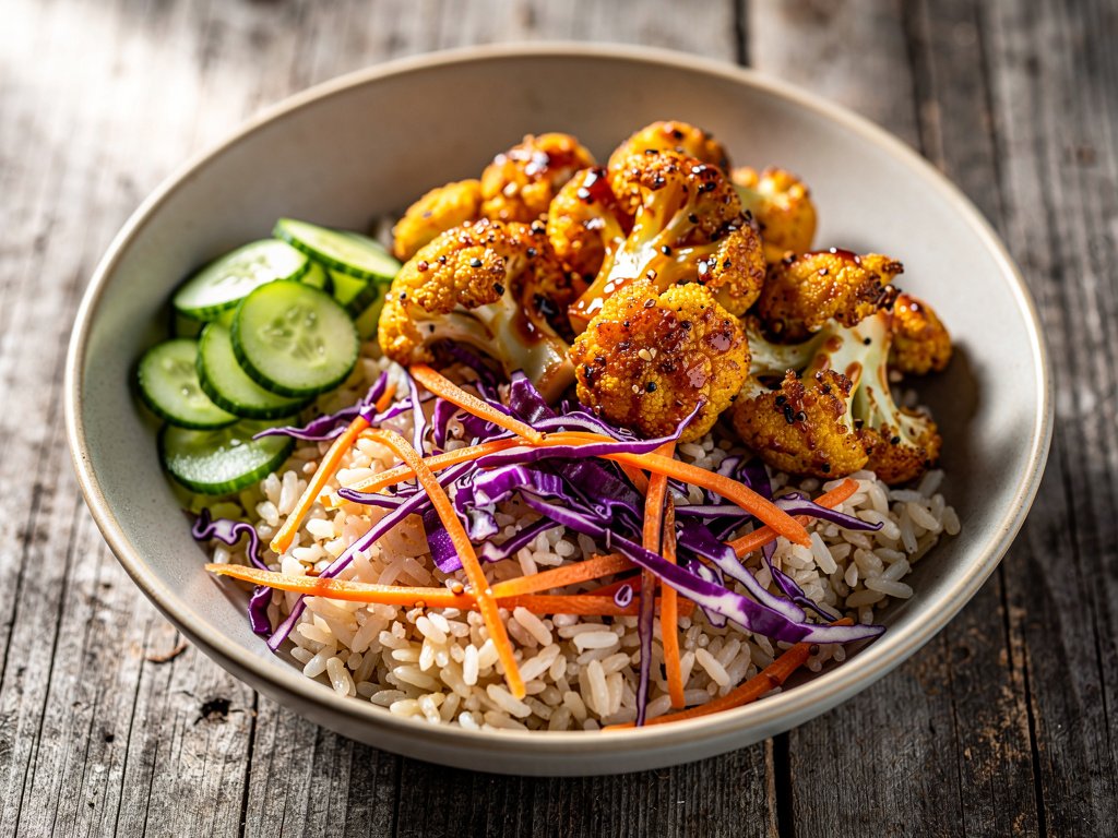 Sweet and Spicy Roasted Cauliflower Bowls with Pickled Cucumber