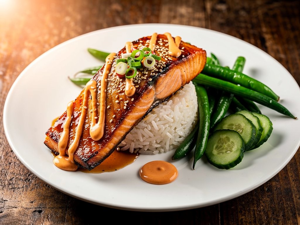 Sweet and Spicy Soy-Glazed Salmon with Jasmine Rice and Chili Green Beans