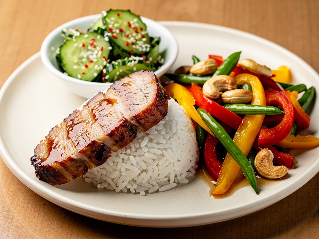 Sweet and Sticky Glazed Pork Tenderloin with Vegetable Stir-Fry and Smashed Cucumber Salad