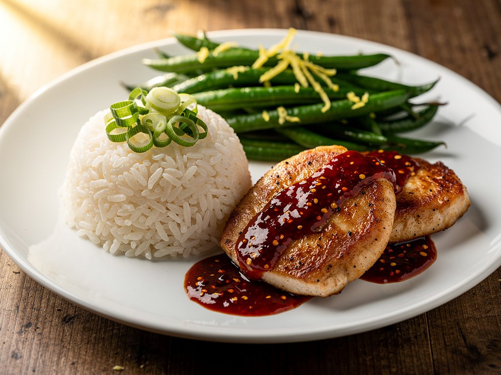 Sweet and Tangy Red Pepper Chicken with Lemony Green Beans and Rice