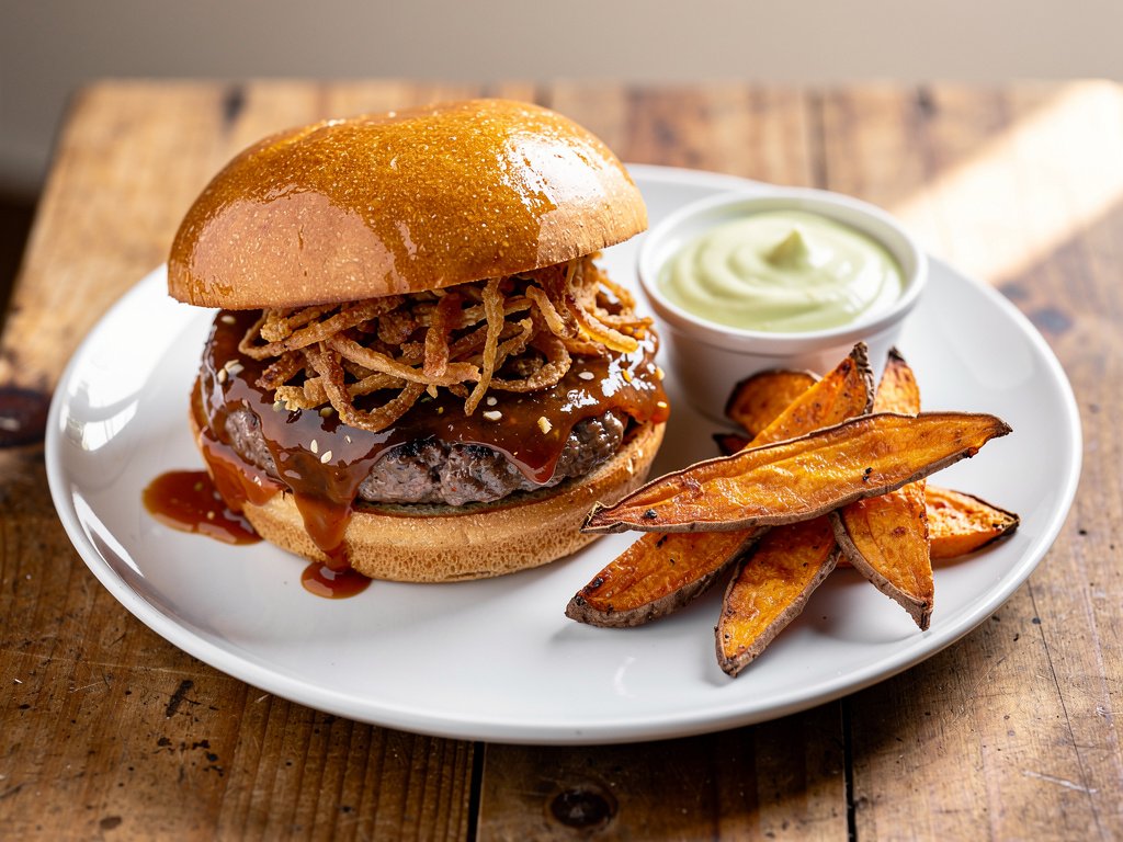 Sweet Thai Chili Burgers with Ginger Scallion Aioli and Sweet Potato Wedges