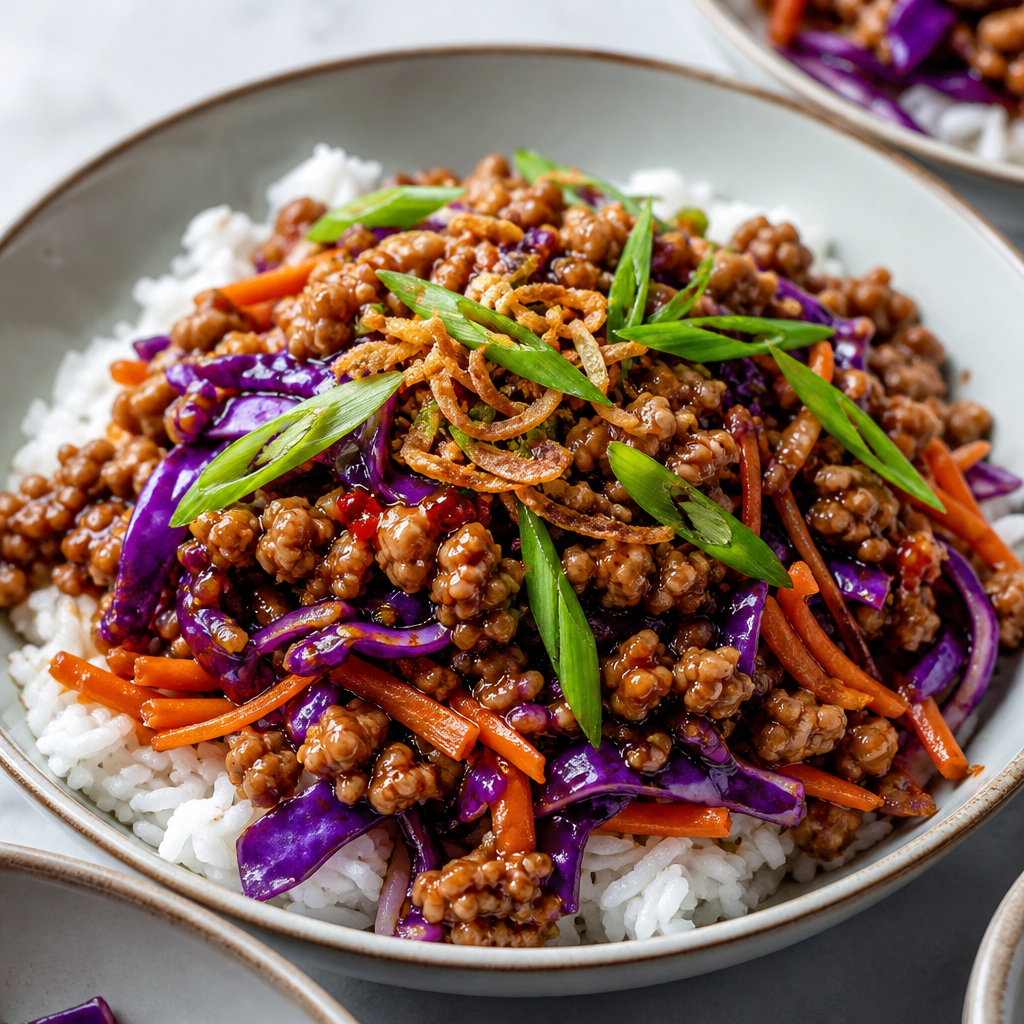 Sweet Thai Chili Ground Pork Rice Bowls with Cabbage and Crispy Onions