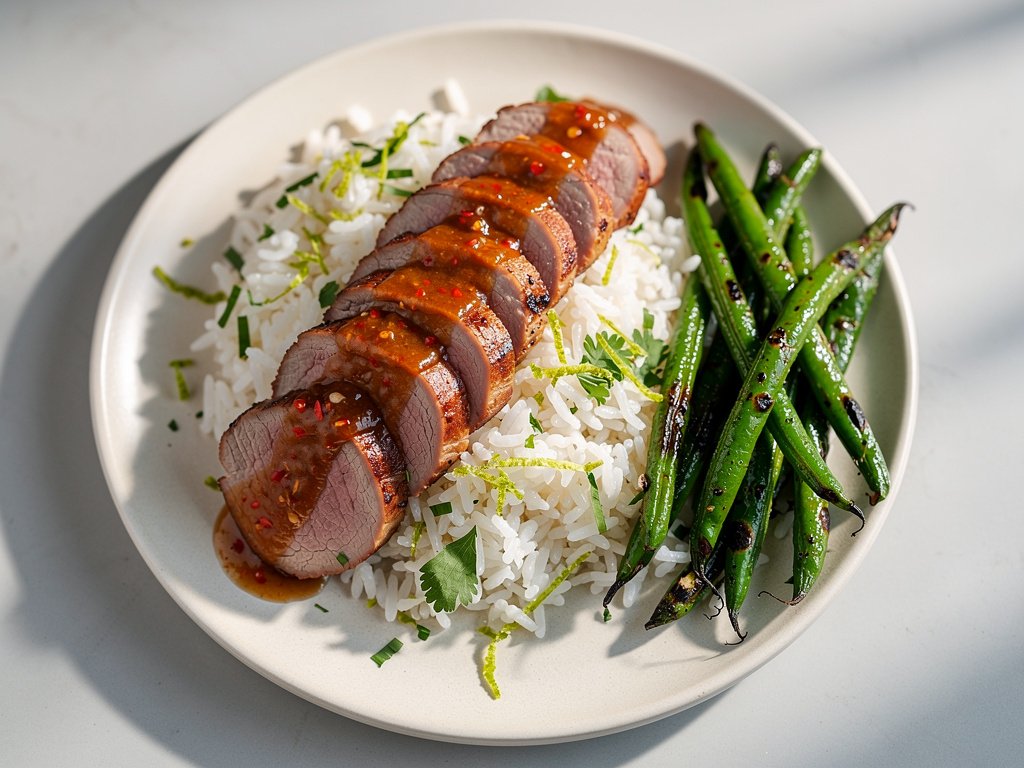 Sweet Thai Chili Glazed Pork Tenderloin with Lime Rice and Roasted Green Beans
