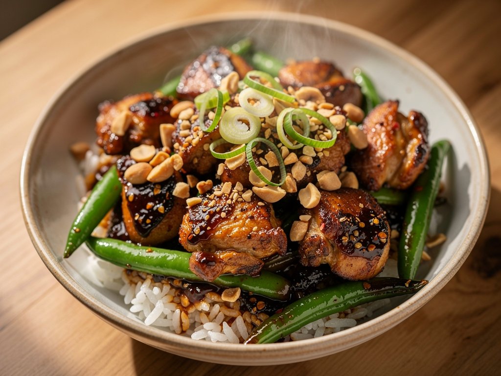 Szechuan Chicken and Green Bean Stir-Fry with Ginger Rice and Candied Peanuts