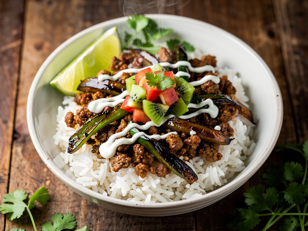 Teriyaki Pork Bowls with Kiwi Salsa and Lime Crema