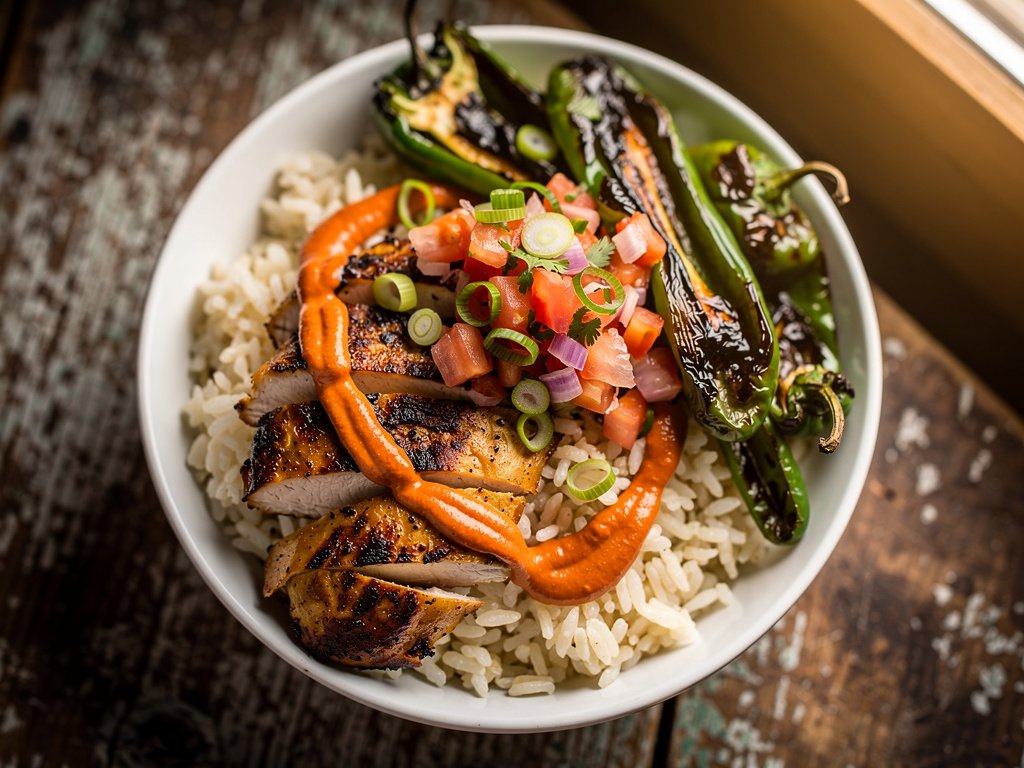 Tex-Mex Chicken and Rice Bowls with Smoky Red Pepper Crema