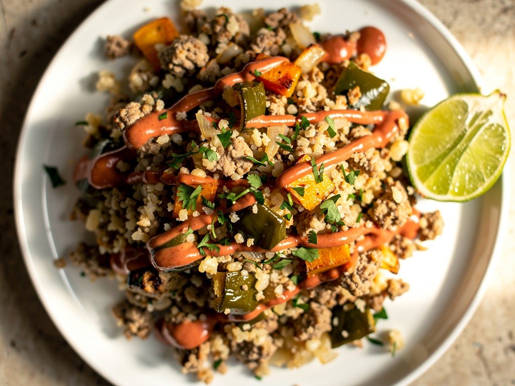 Tex-Mex Ground Turkey and Cauliflower Rice with Smoky Red Pepper Crema