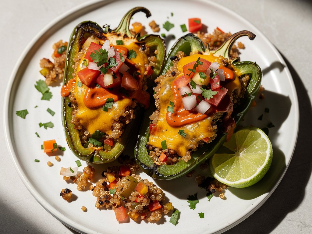 Tex-Mex Quinoa Stuffed Peppers with Pico de Gallo and Smoky Crema