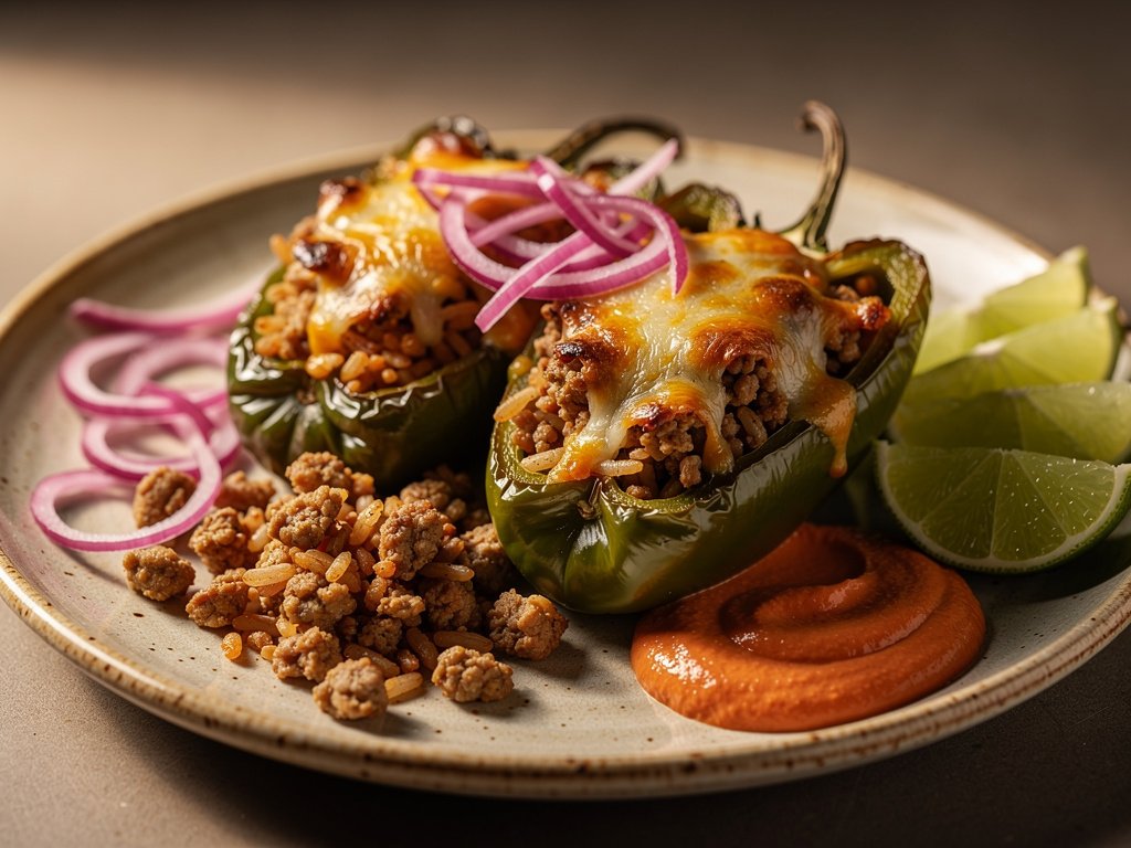 Tex-Mex Stuffed Green Peppers with Smoky Crema and Pickled Onions