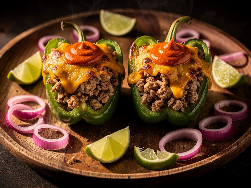 Tex-Mex Turkey Stuffed Green Peppers with Smoky Red Pepper Crema
