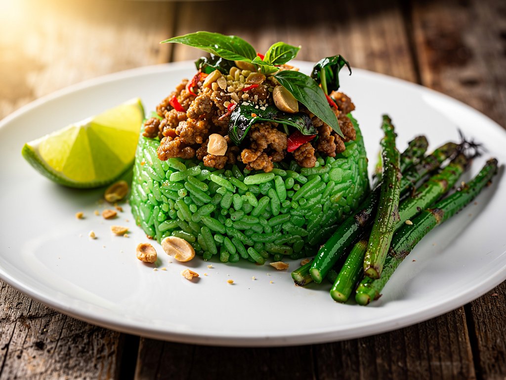 Thai Pork Basil Stir-Fry with Jade Rice and Roasted Green Beans