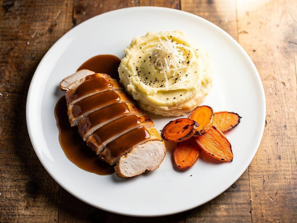 Thyme-Infused Chicken with Roasted Carrots and Cacio e Pepe Mashed Potatoes