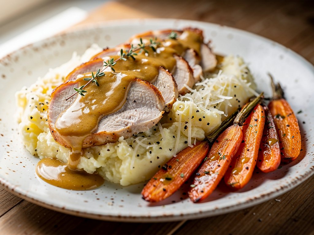 Thyme Gravy Chicken with Roasted Carrots and Cacio e Pepe Potatoes
