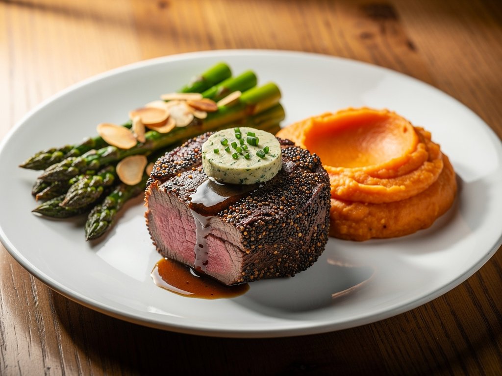 Tri-Color Peppercorn Crusted Beef Tenderloin with Chive Butter, Asparagus Amandine, and Mashed Sweet Potatoes