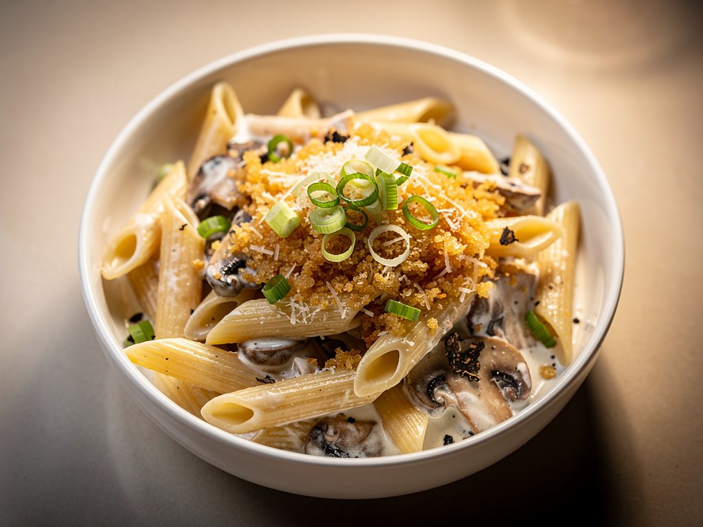 Triple Mushroom Truffle Penne with Garlicky Panko Crunch