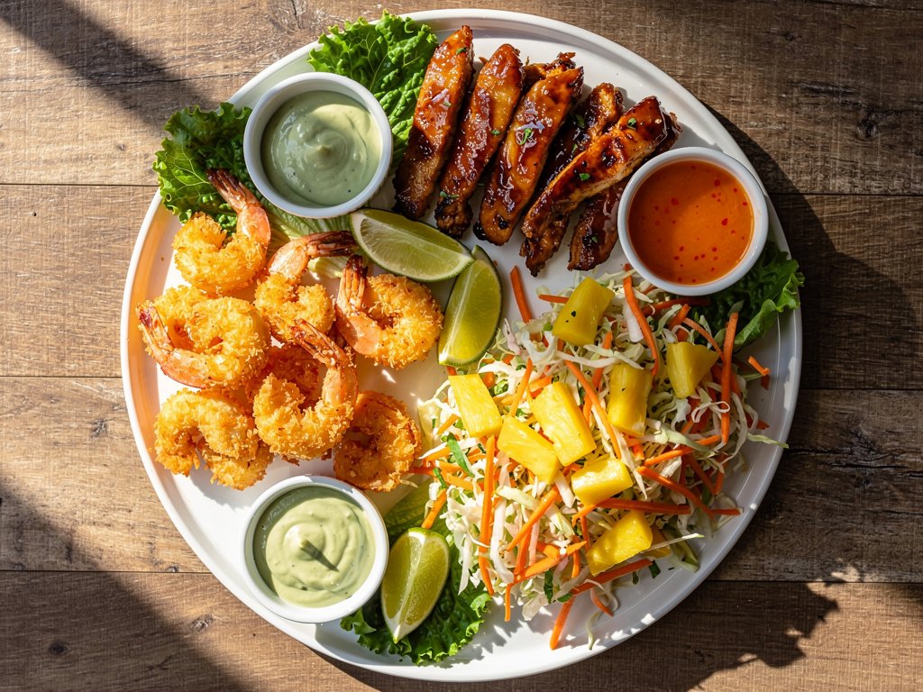 Tropical Shrimp and Chicken Platter with Pineapple Chili Sauce and Wasabi Aioli