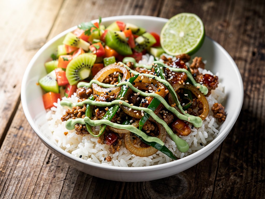 Tropical Teriyaki Pork Bowls with Kiwi Salsa and Lime Crema