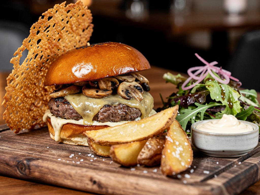 Truffle Burgers with Parmesan Frico and Potato Wedges