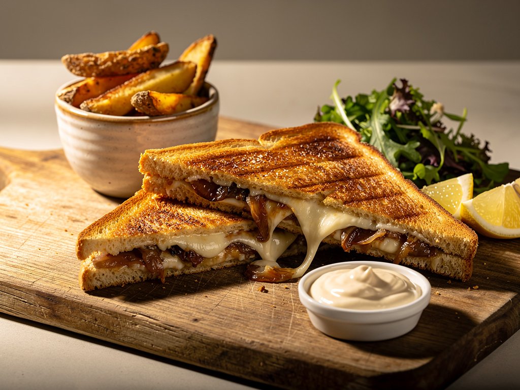 Truffle Grilled Cheese with Potato Wedges and Lemon Greens