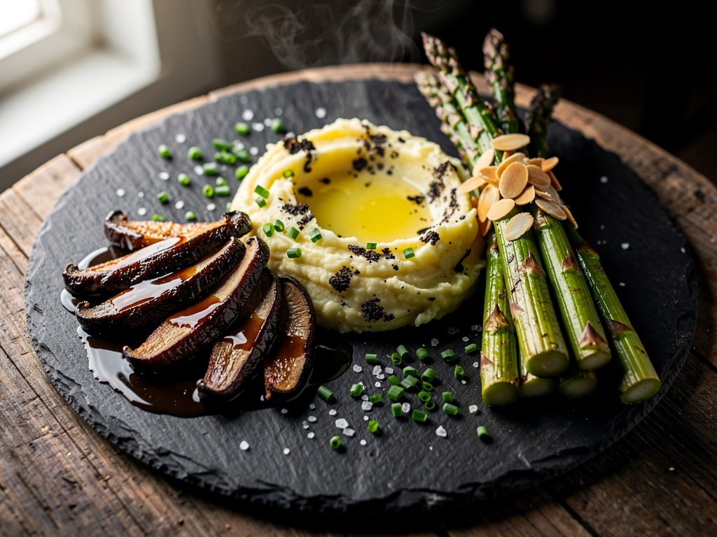 Truffle Mashed Potatoes with Portobello Mushrooms and Asparagus