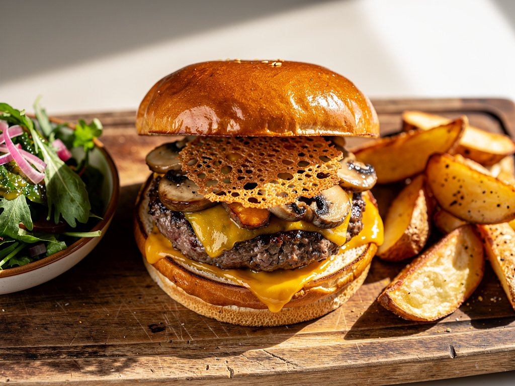 Truffle Parmesan Burgers with Crispy Potato Wedges and Green Salad