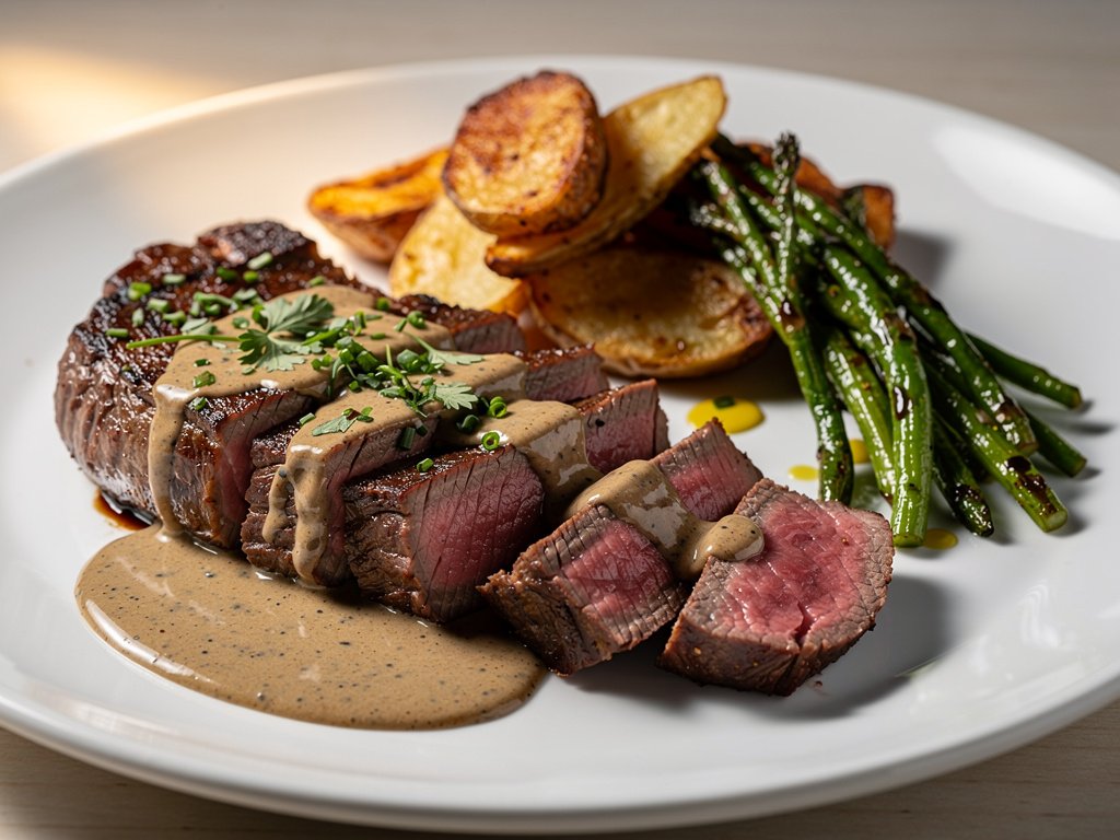 Truffle Rib-Eye Steak with Potato Wedges and Green Beans