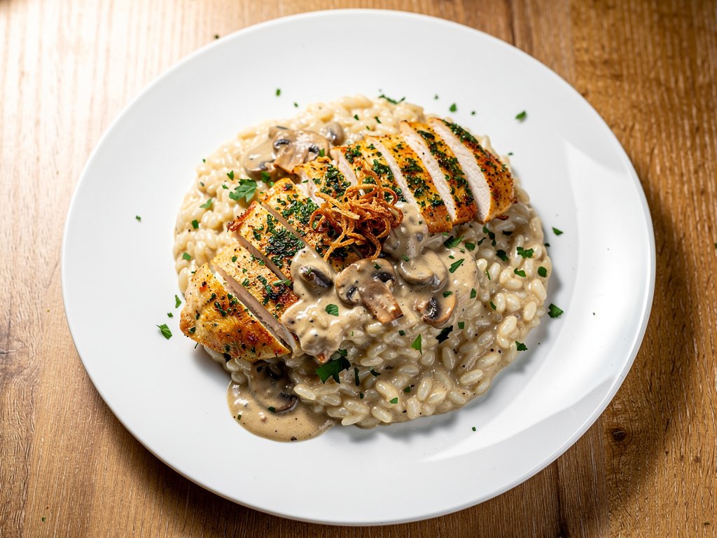 Truffle Risotto with Herbed Chicken and Creamy Mushroom Sauce