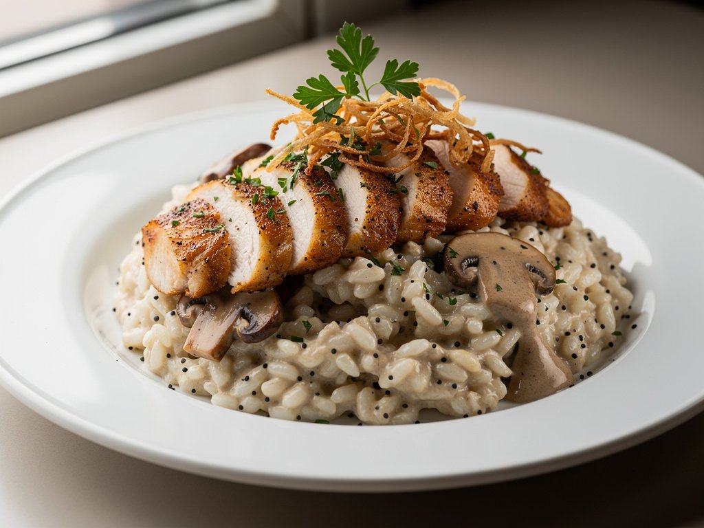 Truffle Risotto with Herbed Chicken and Creamy Mushroom Sauce