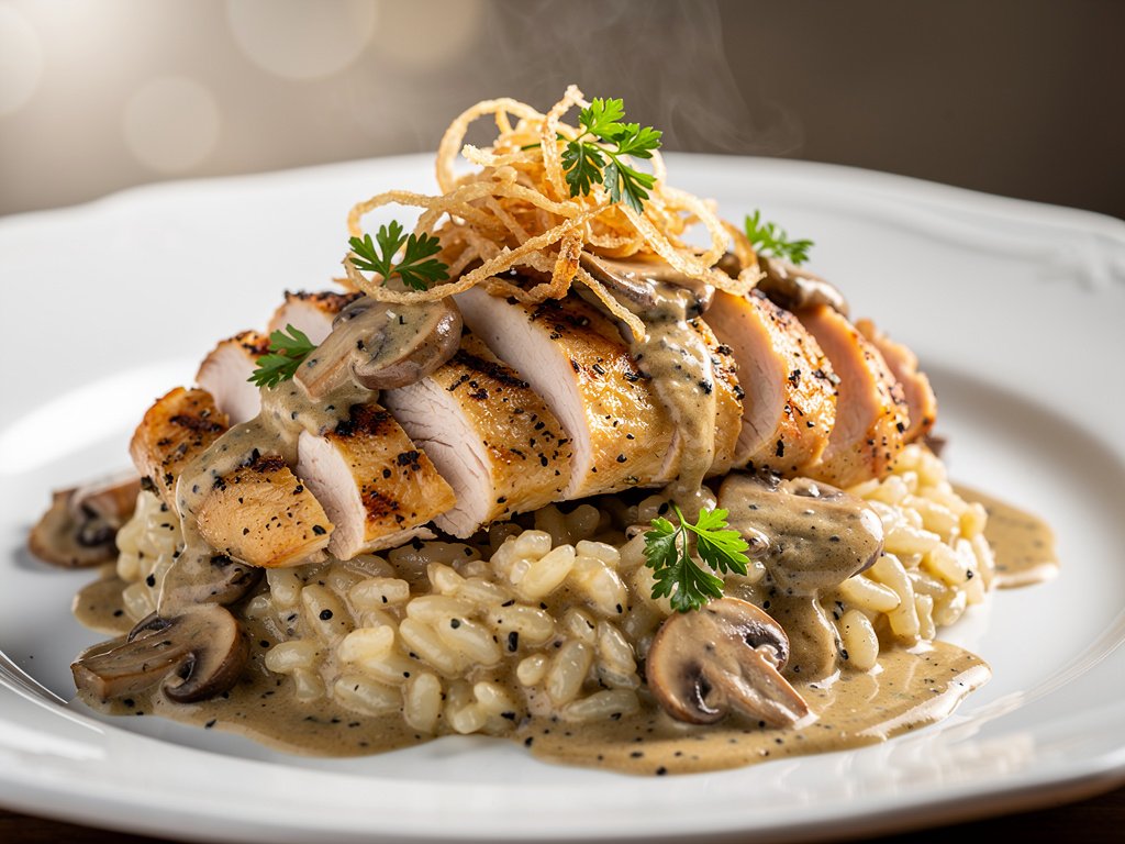 Truffle Risotto with Herbed Chicken and Creamy Mushroom Sauce