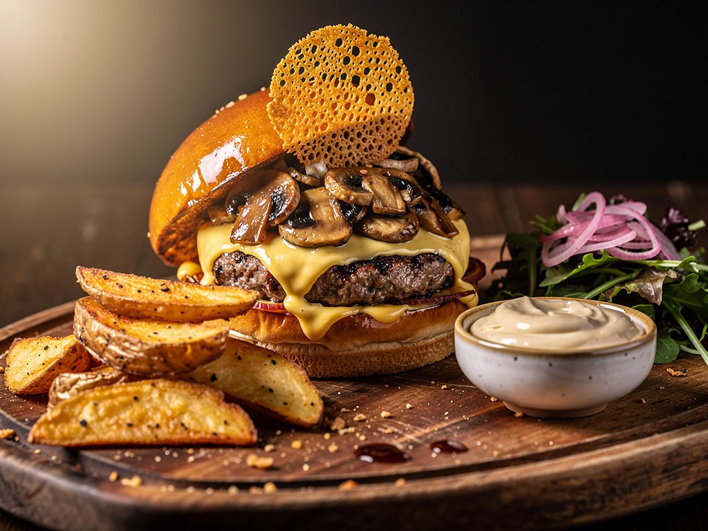 Truffle Umami Burgers with Parmesan Frico and Potato Wedges