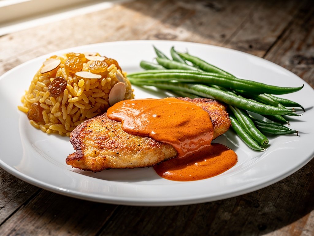 Tunisian Spiced Chicken with Golden Rice Pilaf and Creamy Paprika Sauce