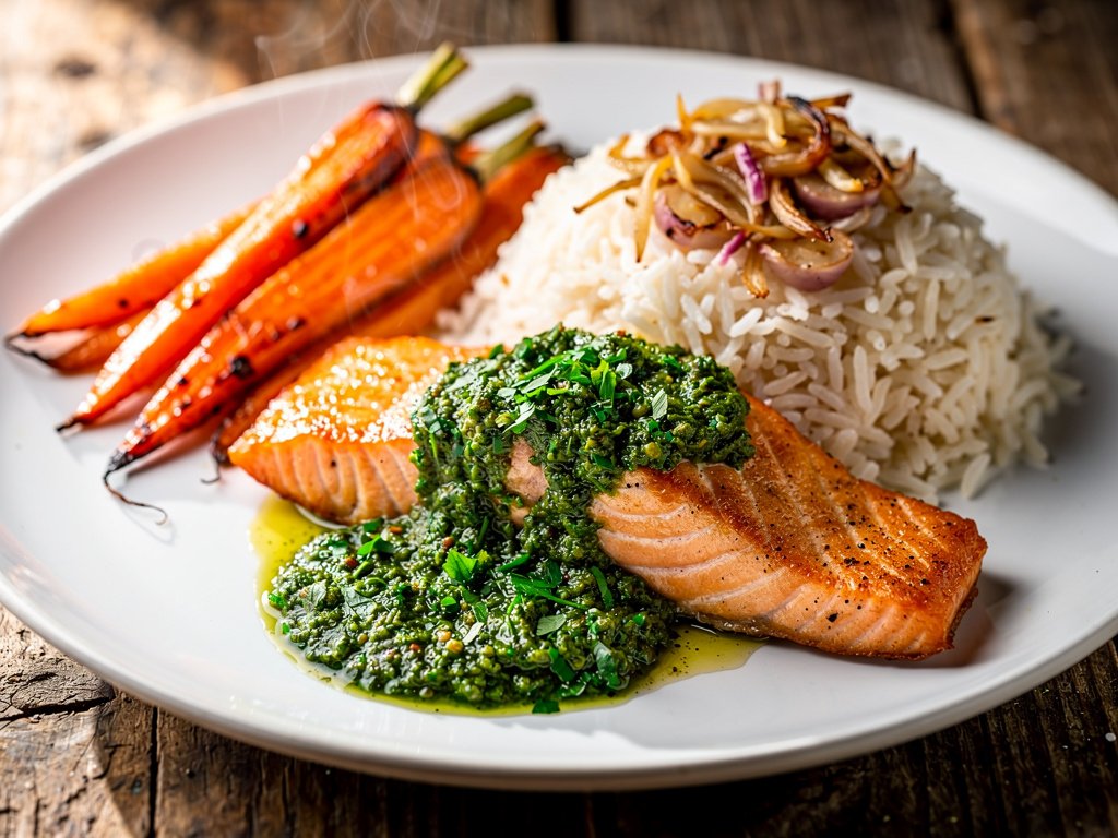 Tunisian Spiced Salmon with Chermoula, Honey-Glazed Carrots, and Shallot Rice