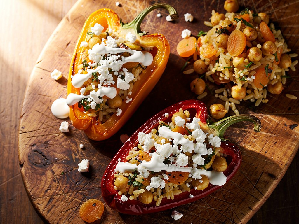 Tunisian-Spiced Stuffed Peppers with Chickpeas, Apricots, and Feta