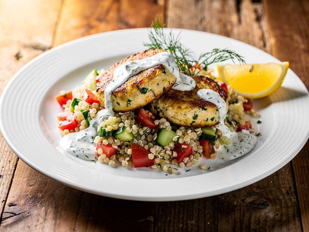 Turkey Feta Patties with Bulgur Greek Salad and Creamy Lemon Dill Sauce