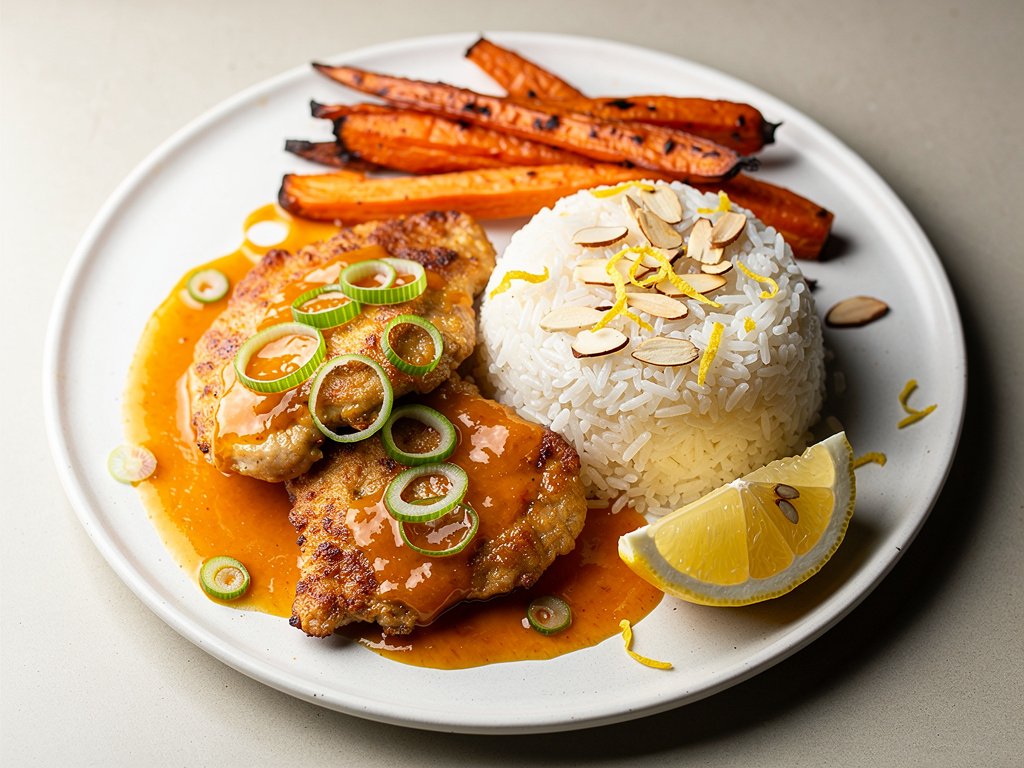 Turkish-Spiced Chicken with Apricot Sauce, Lemon Almond Rice, and Harissa Carrots