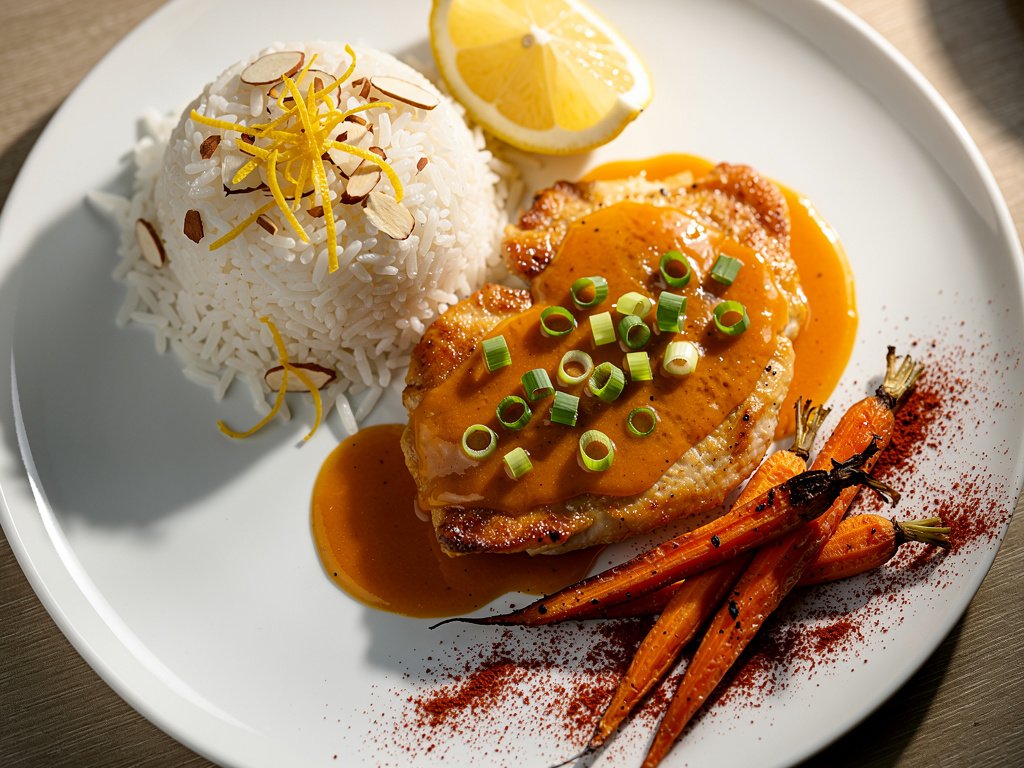 Turkish-Spiced Chicken with Apricot Sauce, Lemon Almond Rice, and Harissa Carrots