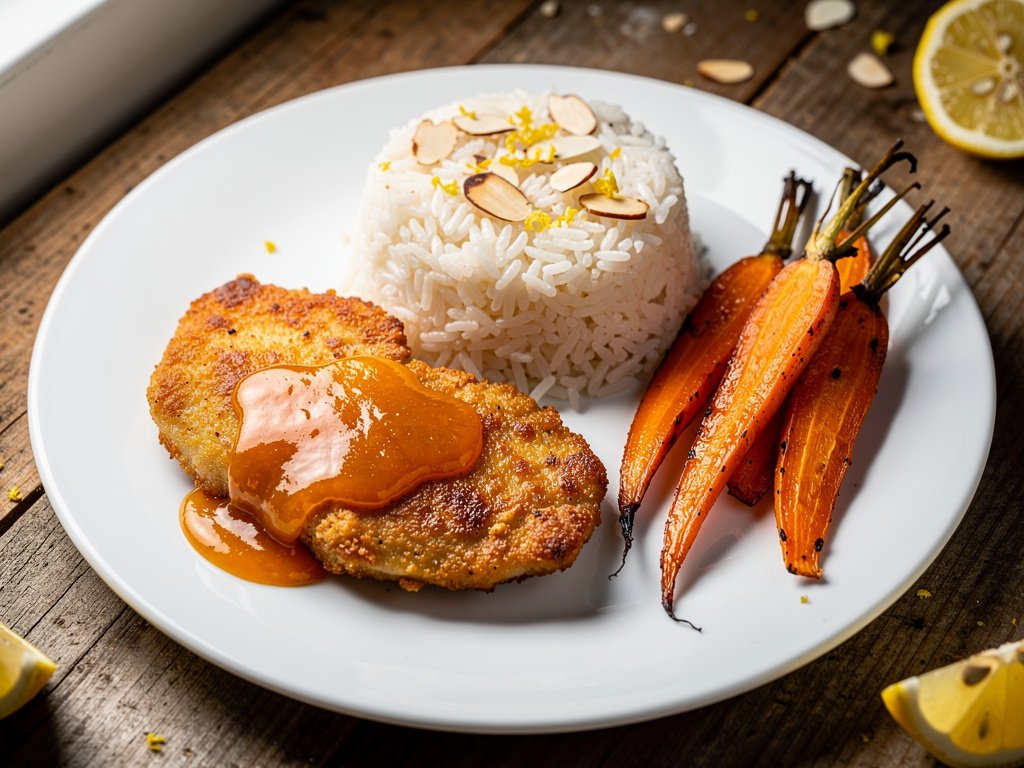 Turkish-Spiced Chicken with Apricot Sauce, Lemon Almond Rice, and Harissa Carrots